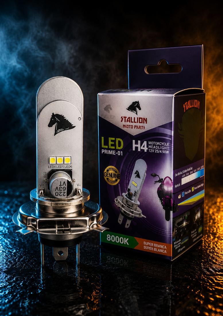 Lâmpada LED H4 Stallion 8000K Super Branca ao lado da embalagem roxa, em ambiente molhado e enfumaçado