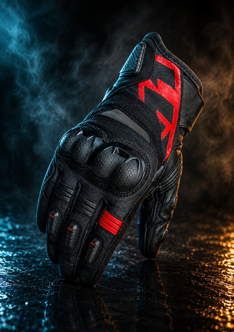 Luva X11 preta e vermelha com proteções nos nós dos dedos, em ambiente molhado com fumaça azul e laranja