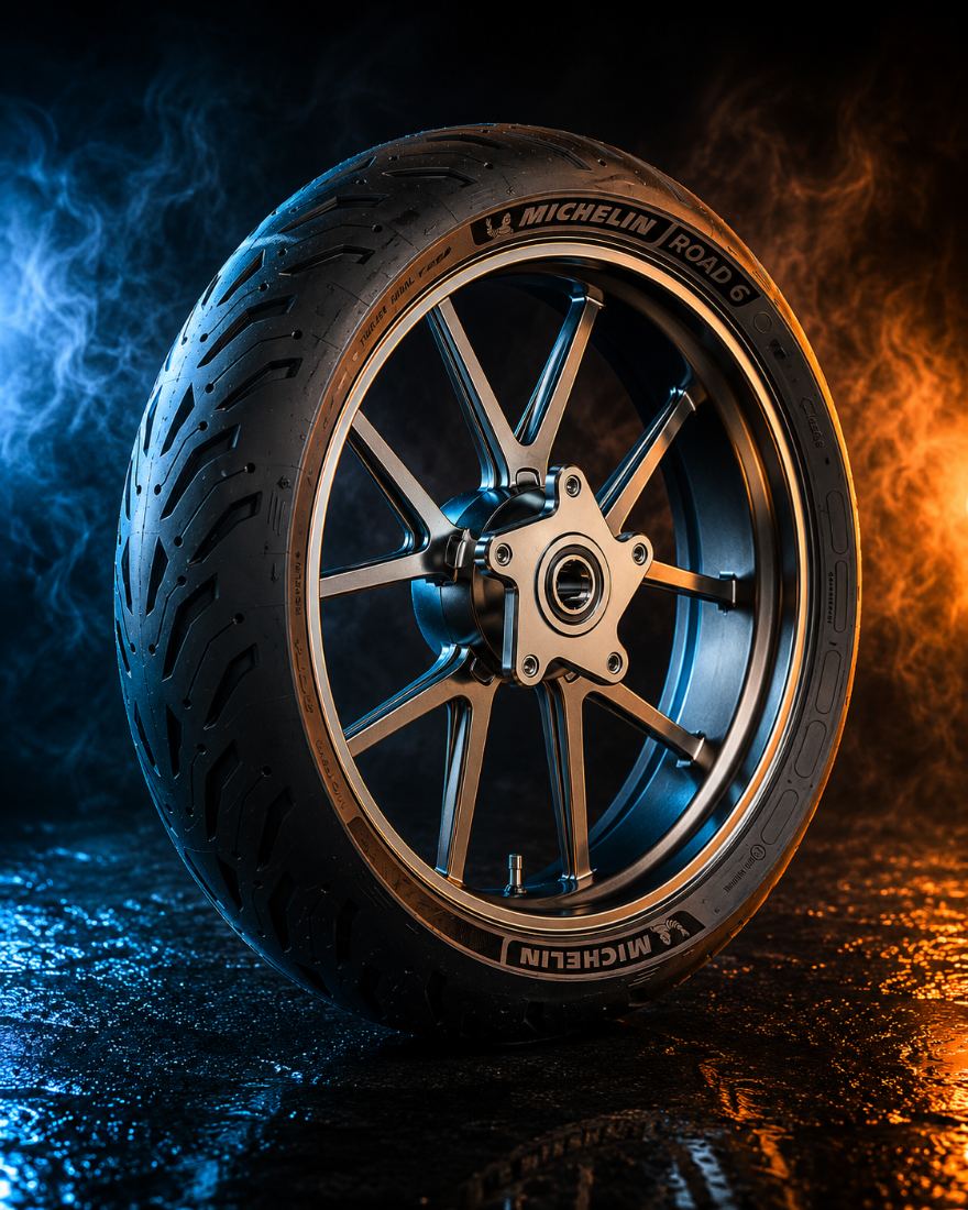 Pneu Michelin Road 6 montado em roda esportiva, em ambiente molhado com fumaça azul e laranja